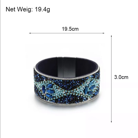 Blue Rhinestone LeatherCuff Bracelet MagneticClasp - Picture 2 of 5